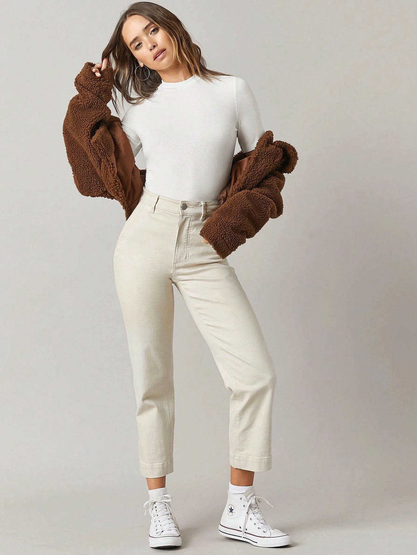 BASICS Mock-Neck Rib-Knit Top Tops For Women White Tops