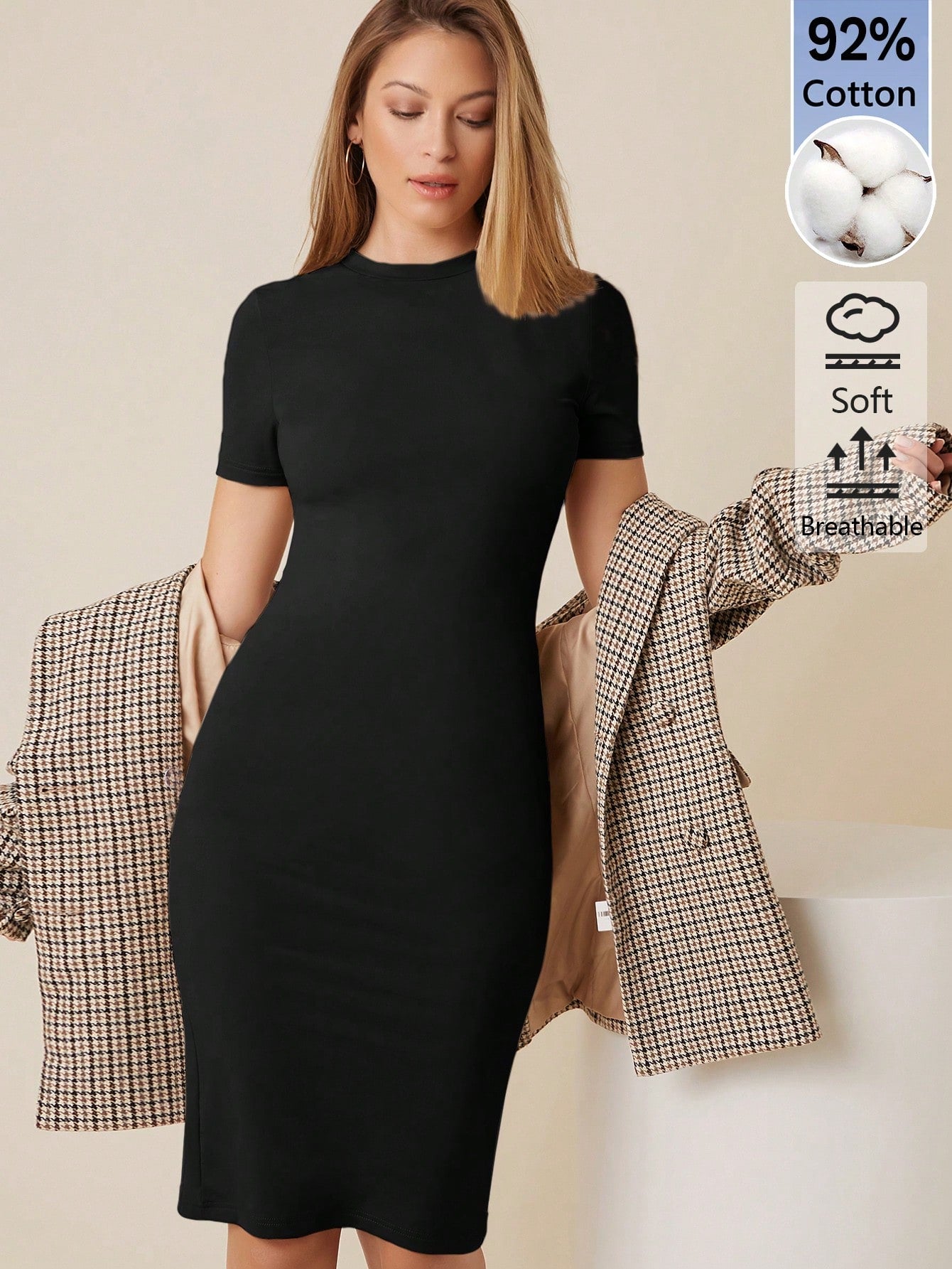 BASICS Women's Solid Color Round Neck Short Sleeve Fitted Elegant Basic Dress Summer Outfit For Women Office Black
