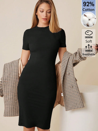 BASICS Women's Solid Color Round Neck Short Sleeve Fitted Elegant Basic Dress Summer Outfit For Women Office Black
