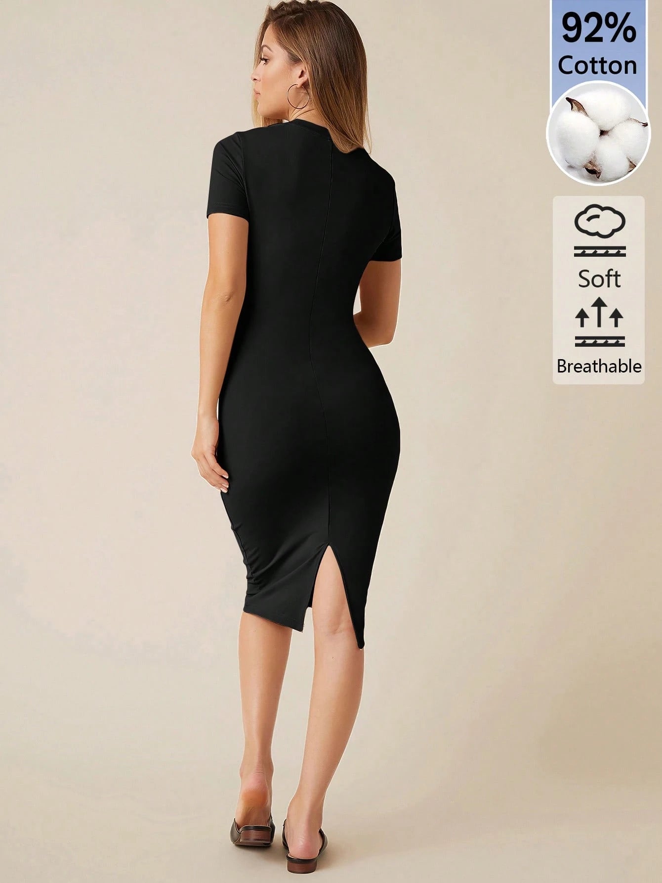 BASICS Women's Solid Color Round Neck Short Sleeve Fitted Elegant Basic Dress Summer Outfit For Women Office Black