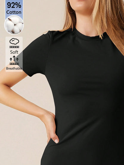 BASICS Women's Solid Color Round Neck Short Sleeve Fitted Elegant Basic Dress Summer Outfit For Women Office Black