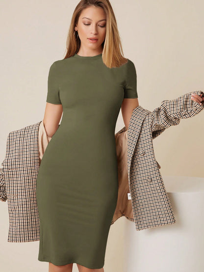 BASICS Women's Solid Color Round Neck Short Sleeve Fitted Elegant Basic Dress Summer Outfit For Women Office Black