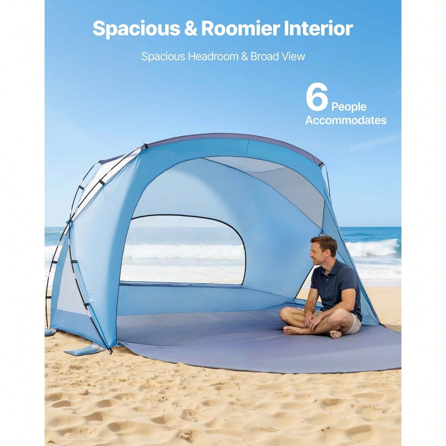 Beach Tent Sun Shelter For 6 Person, UPF 50+ Protection, Portable Sun Shade Canopy With Carrying Bag & Sand Pockets, Lightweight And Easy Setup Beach Umbrella For Family Camping Outdoor Picnic