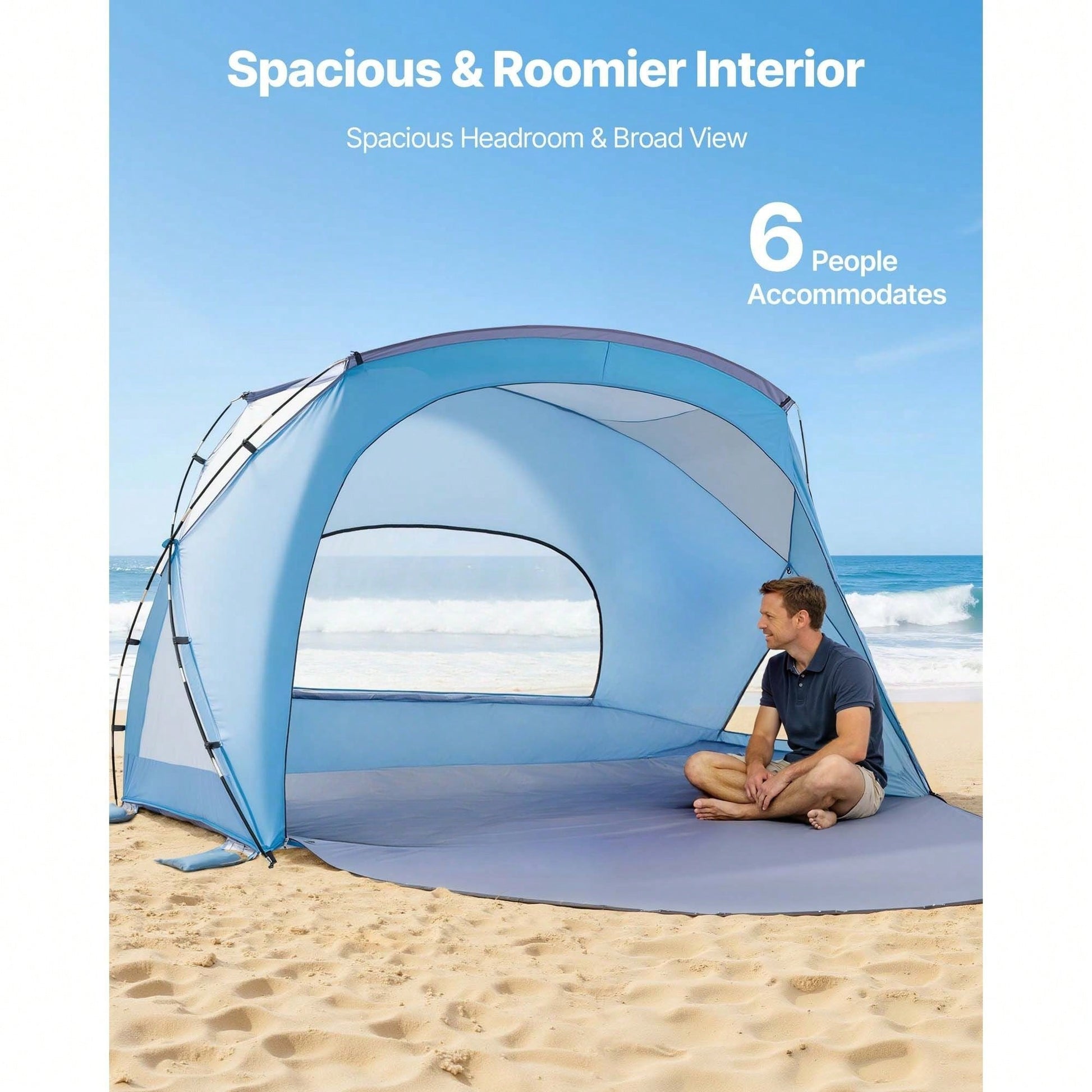 Beach Tent Sun Shelter For 6 Person, UPF 50+ Protection, Portable Sun Shade Canopy With Carrying Bag & Sand Pockets, Lightweight And Easy Setup Beach Umbrella For Family Camping Outdoor Picnic