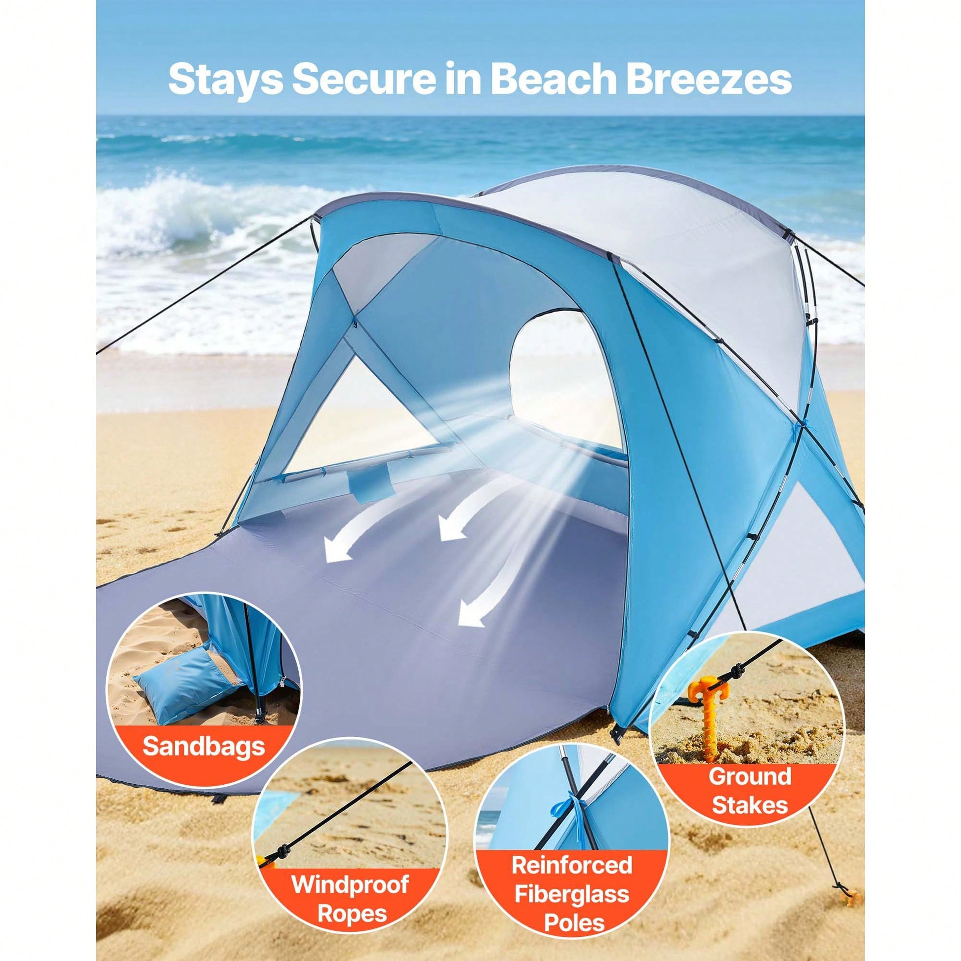 Beach Tent Sun Shelter For 6 Person, UPF 50+ Protection, Portable Sun Shade Canopy With Carrying Bag & Sand Pockets, Lightweight And Easy Setup Beach Umbrella For Family Camping Outdoor Picnic