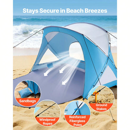 Beach Tent Sun Shelter For 6 Person, UPF 50+ Protection, Portable Sun Shade Canopy With Carrying Bag & Sand Pockets, Lightweight And Easy Setup Beach Umbrella For Family Camping Outdoor Picnic
