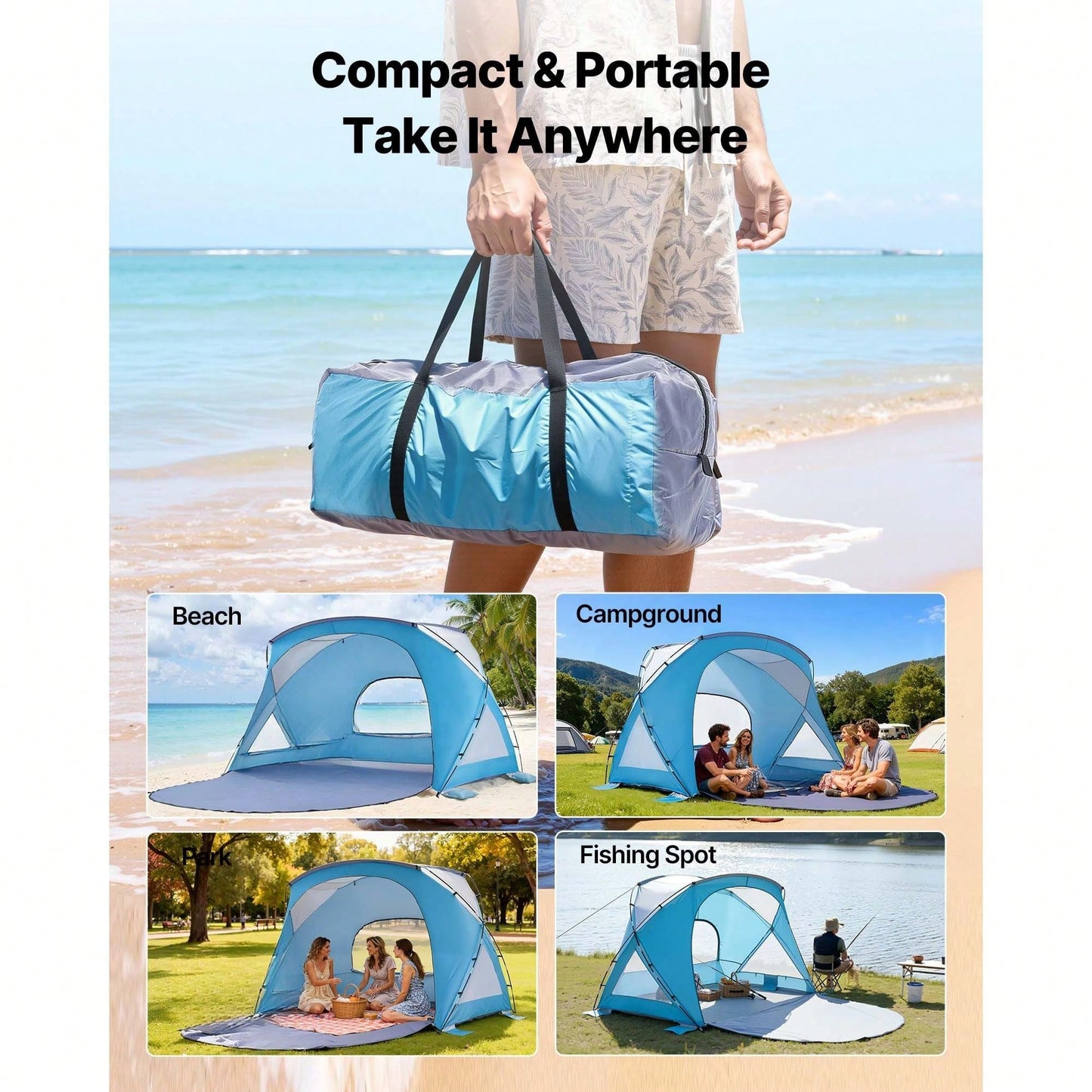Beach Tent Sun Shelter For 6 Person, UPF 50+ Protection, Portable Sun Shade Canopy With Carrying Bag & Sand Pockets, Lightweight And Easy Setup Beach Umbrella For Family Camping Outdoor Picnic