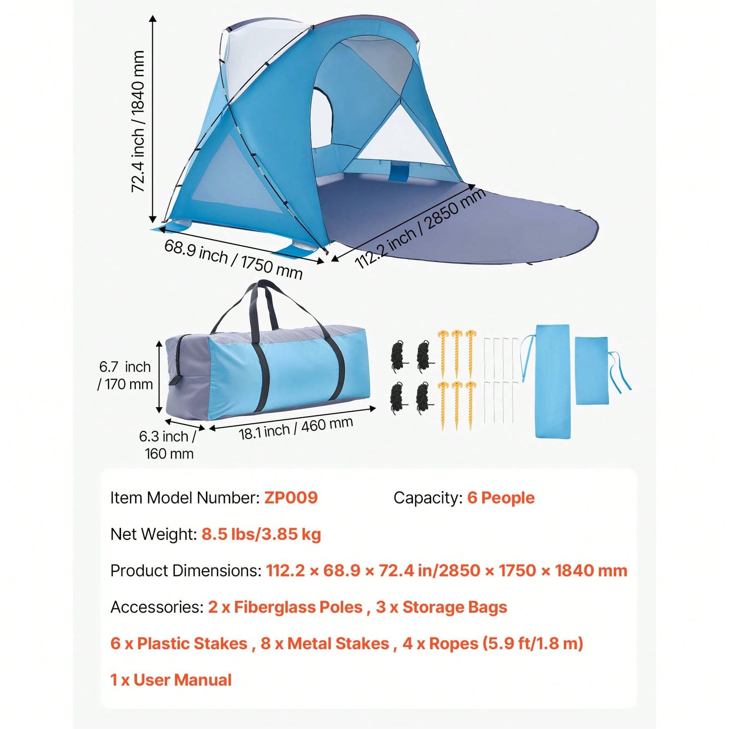Beach Tent Sun Shelter For 6 Person, UPF 50+ Protection, Portable Sun Shade Canopy With Carrying Bag & Sand Pockets, Lightweight And Easy Setup Beach Umbrella For Family Camping Outdoor Picnic