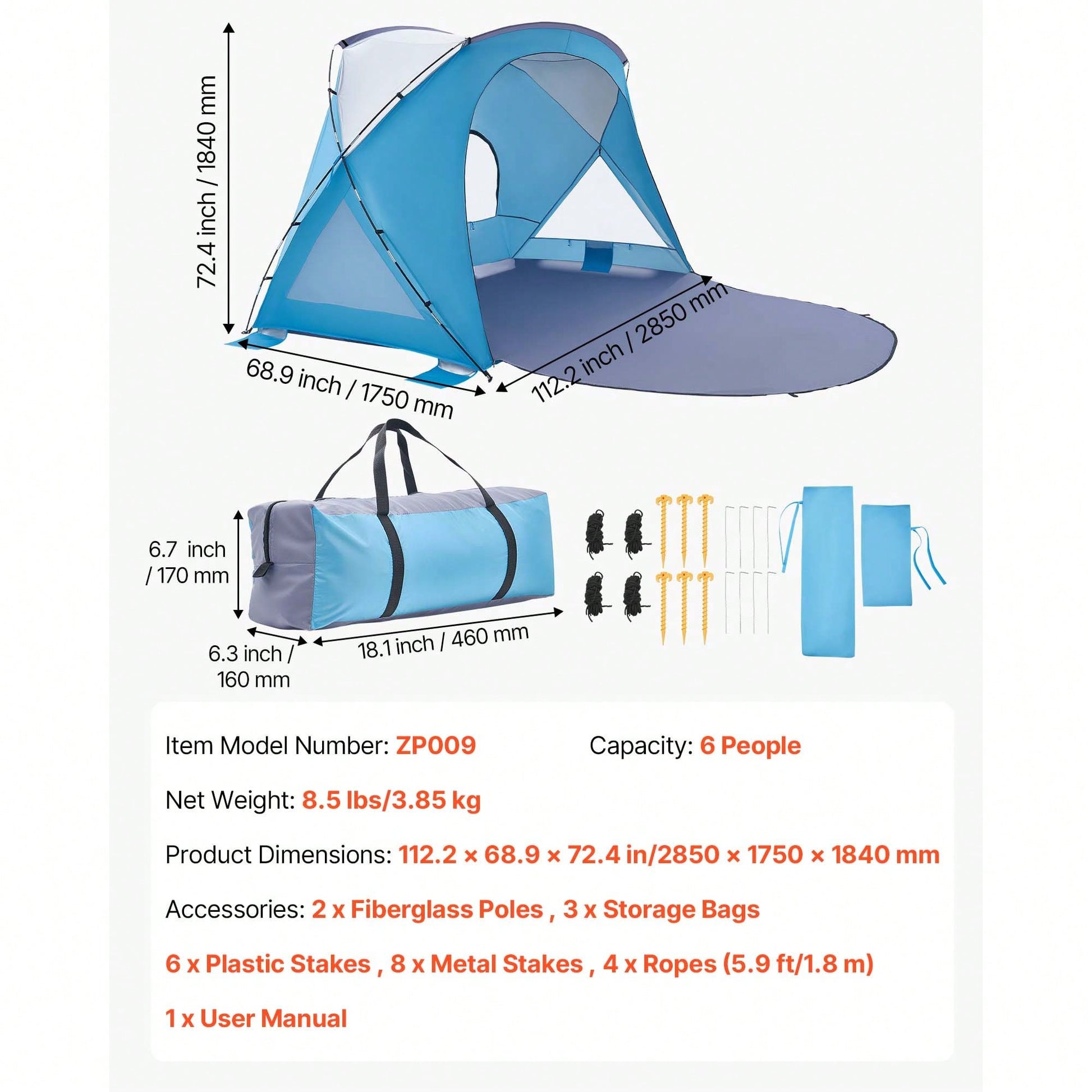 Beach Tent Sun Shelter For 6 Person, UPF 50+ Protection, Portable Sun Shade Canopy With Carrying Bag & Sand Pockets, Lightweight And Easy Setup Beach Umbrella For Family Camping Outdoor Picnic