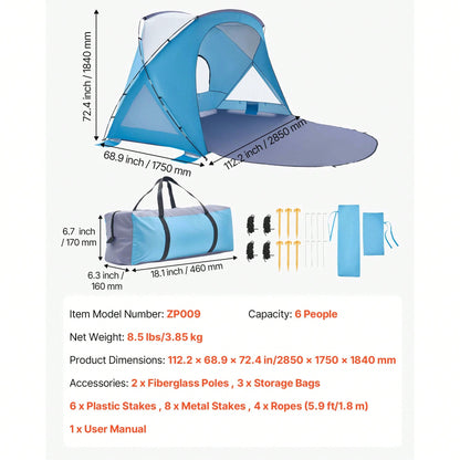 Beach Tent Sun Shelter For 6 Person, UPF 50+ Protection, Portable Sun Shade Canopy With Carrying Bag & Sand Pockets, Lightweight And Easy Setup Beach Umbrella For Family Camping Outdoor Picnic