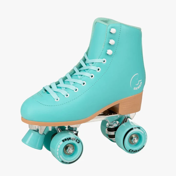 Turquoise roller skate with wooden accents on a white background
