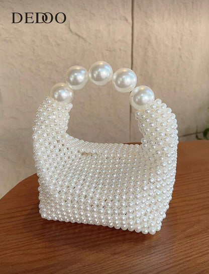 Beaded Faux Faux Pearl Evening Handbag, Mini Woven Cocktail Party Clutch, Elegant Wedding Party Clutch, Woven Bag, White Bag