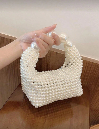 Beaded Faux Faux Pearl Evening Handbag, Mini Woven Cocktail Party Clutch, Elegant Wedding Party Clutch, Woven Bag, White Bag