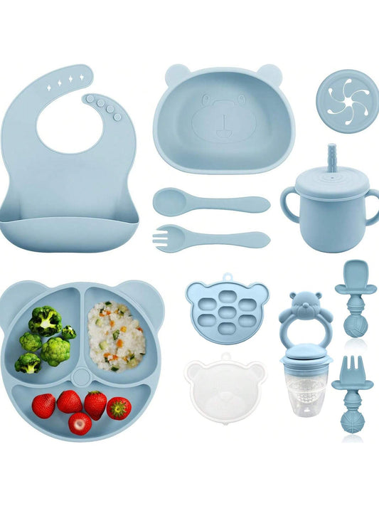 Bear Silicone Feeding Set 11-Piece Set, Bear Dinner Plate, Bear Bowl, Bear Baby Food Bite Bag, Bear Baby Food Box With Lid, Baby Apron, Water Drop Cup