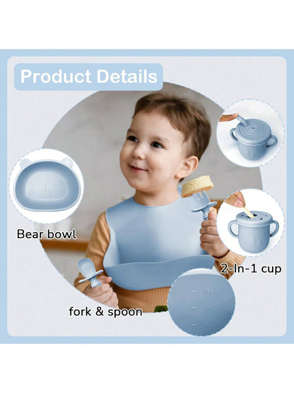 Bear Silicone Feeding Set 11-Piece Set, Bear Dinner Plate, Bear Bowl, Bear Baby Food Bite Bag, Bear Baby Food Box With Lid, Baby Apron, Water Drop Cup