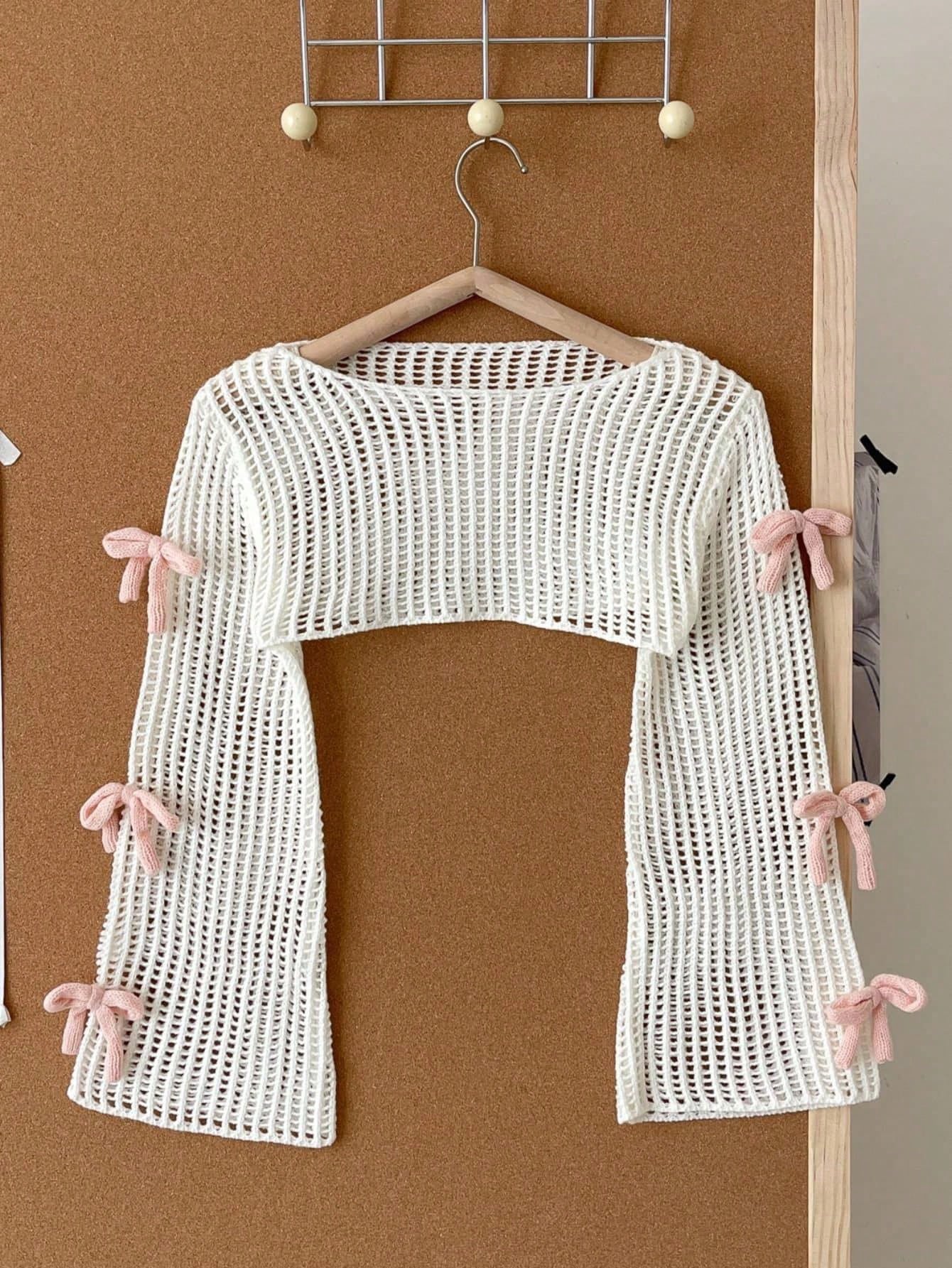 Beige Pullover Sweater, Adorable 3D Pink Bow Knitted Sweater For Tween Girl Clothing Fall Winter, White And Pink, Summer, Casual, Party