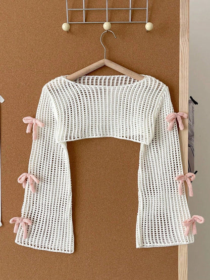 Beige Pullover Sweater, Adorable 3D Pink Bow Knitted Sweater For Tween Girl Clothing Fall Winter, White And Pink, Summer, Casual, Party