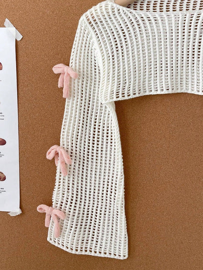 Beige Pullover Sweater, Adorable 3D Pink Bow Knitted Sweater For Tween Girl Clothing Fall Winter, White And Pink, Summer, Casual, Party