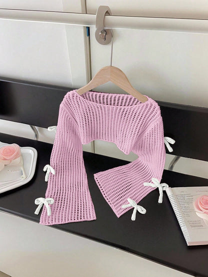 Beige Pullover Sweater, Adorable 3D Pink Bow Knitted Sweater For Tween Girl Clothing Fall Winter, White And Pink, Summer, Casual, Party