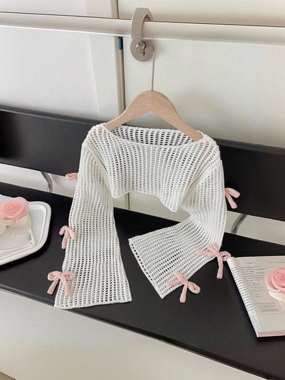 Beige Pullover Sweater, Adorable 3D Pink Bow Knitted Sweater For Tween Girl Clothing Fall Winter, White And Pink, Summer, Casual, Party