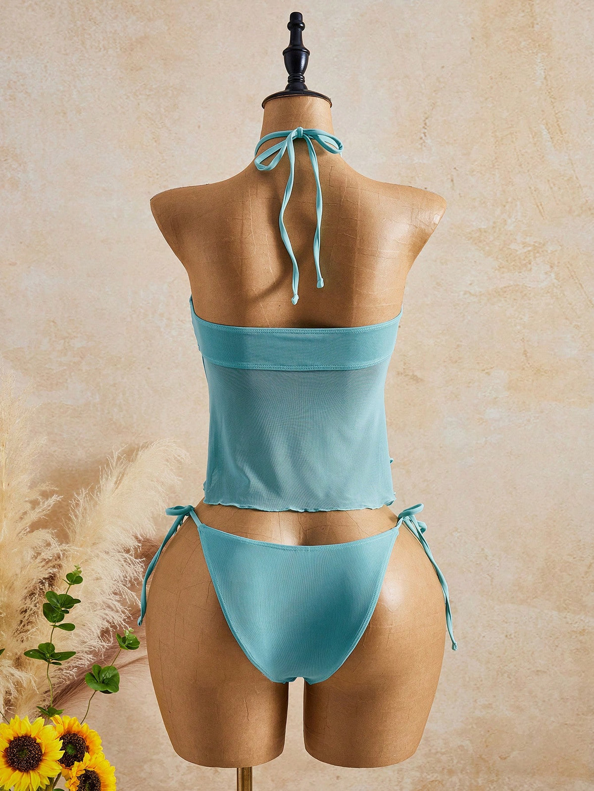 Bellisia 2026 Women's Light Blue Teal Floral Halter Chiffon Tankini Two Pieces Swimwear,Summer Elegant Holiday Vacation,Beach Cruise Island Boho Swimsuit Set