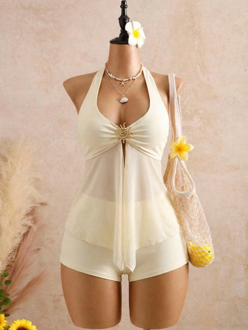 Bellisia Swim Chic Elegant Spaghetti Strap Tankini Swimwear, Metal Decor Mesh Splice Vacation Style Bikini Set