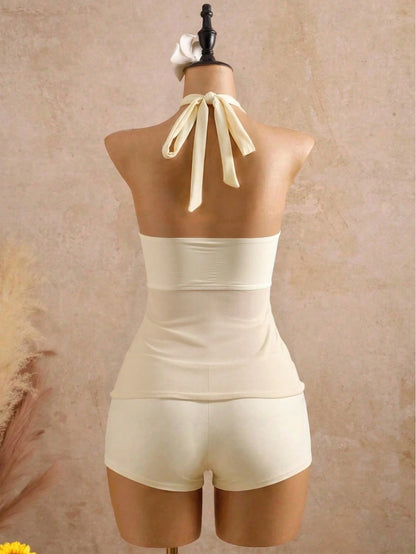 Bellisia Swim Chic Elegant Spaghetti Strap Tankini Swimwear, Metal Decor Mesh Splice Vacation Style Bikini Set