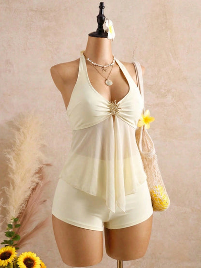 Bellisia Swim Chic Elegant Spaghetti Strap Tankini Swimwear, Metal Decor Mesh Splice Vacation Style Bikini Set