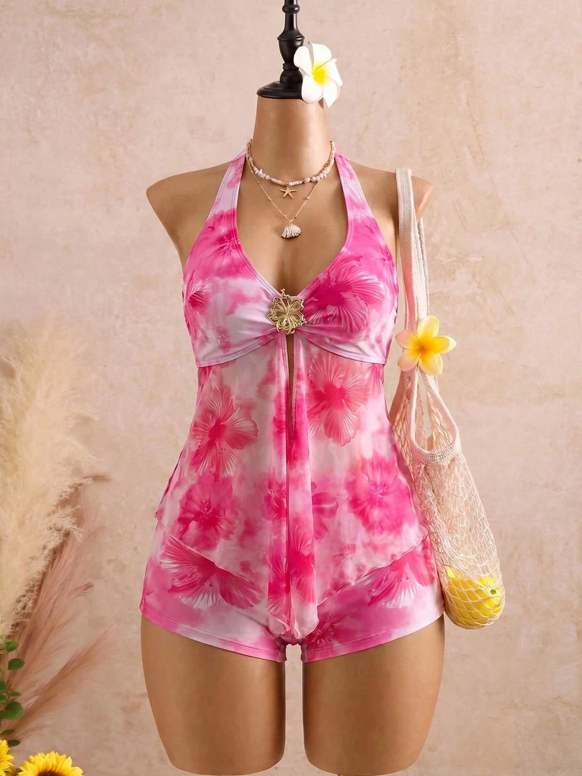 Bellisia Swim Chic Elegant Spaghetti Strap Tankini Swimwear, Metal Decor Mesh Splice Vacation Style Bikini Set