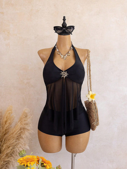 Bellisia Swim Chic Elegant Spaghetti Strap Tankini Swimwear, Metal Decor Mesh Splice Vacation Style Bikini Set
