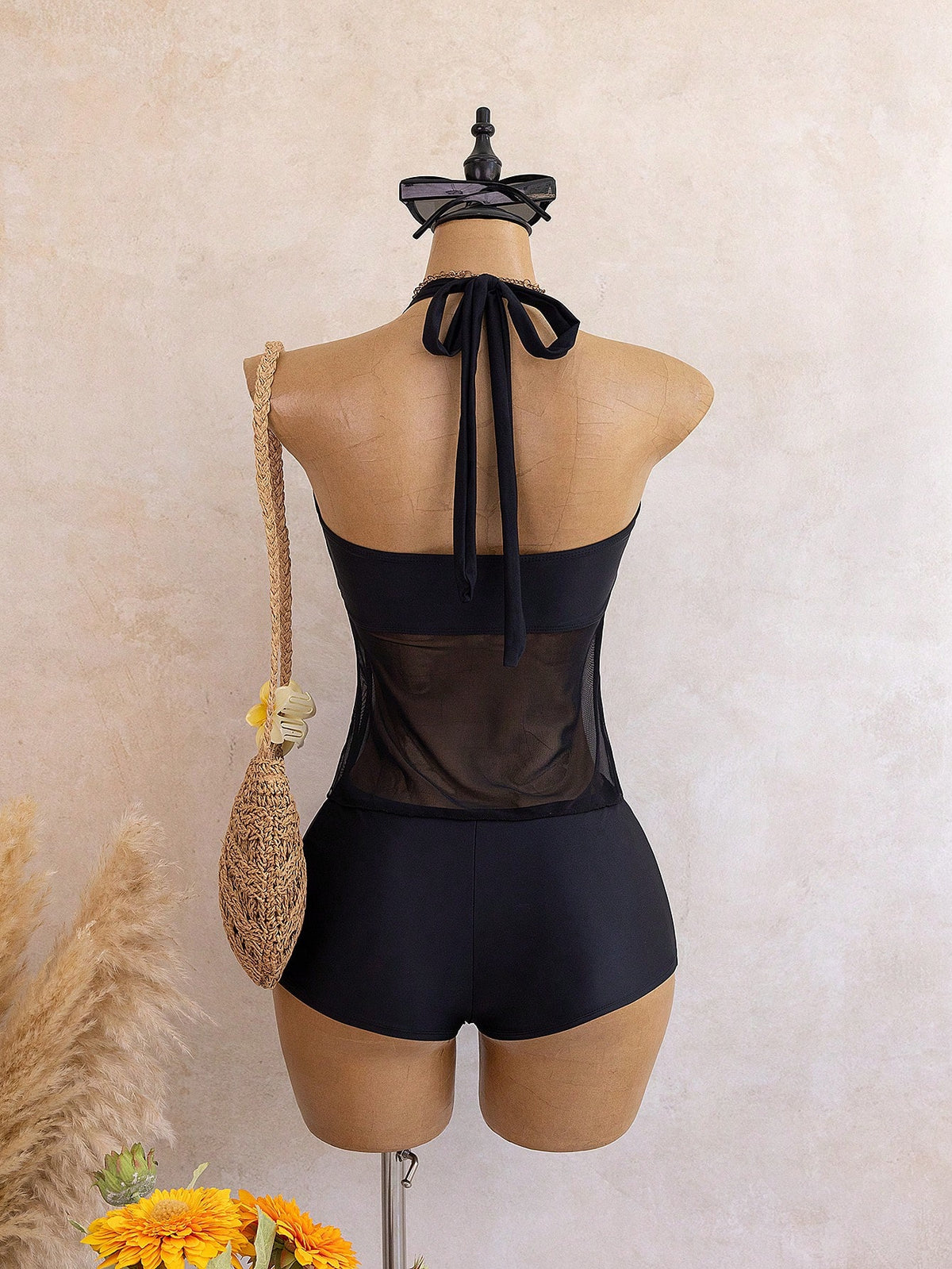 Bellisia Swim Chic Elegant Spaghetti Strap Tankini Swimwear, Metal Decor Mesh Splice Vacation Style Bikini Set