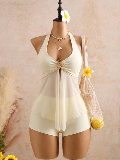 Bellisia Swim Chic Elegant Spaghetti Strap Tankini Swimwear, Metal Decor Mesh Splice Vacation Style Bikini Set