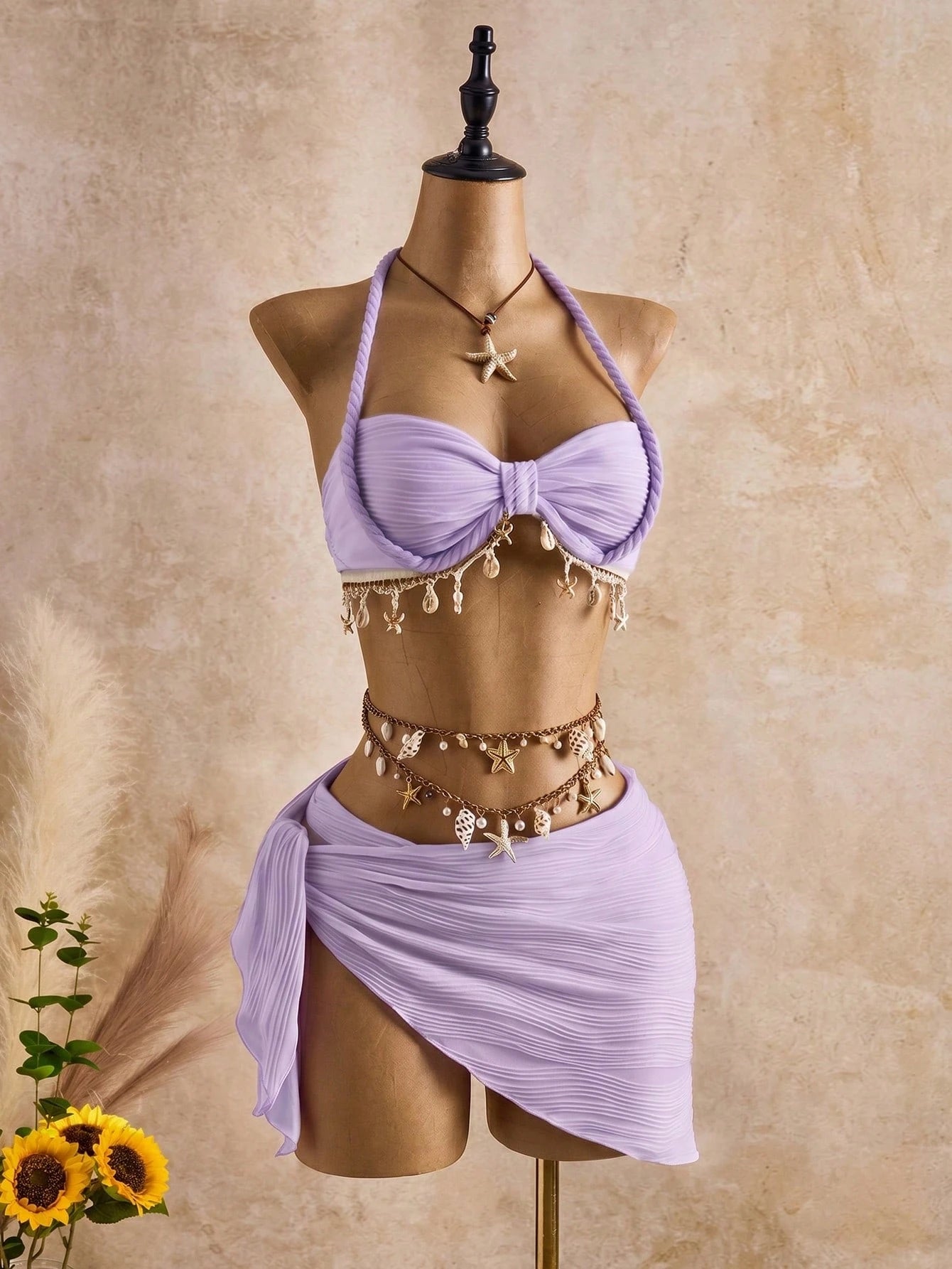 Bellisia Women's Fashionable Beige Wave Pattern Swimwear Set With Seashell & Star Decor, Suitable For Spring, Summer And Autumn