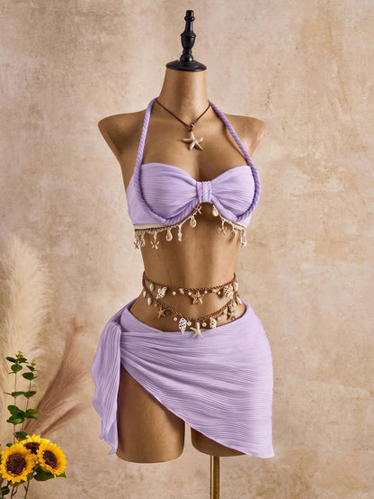 Bellisia Women's Fashionable Beige Wave Pattern Swimwear Set With Seashell & Star Decor, Suitable For Spring, Summer And Autumn