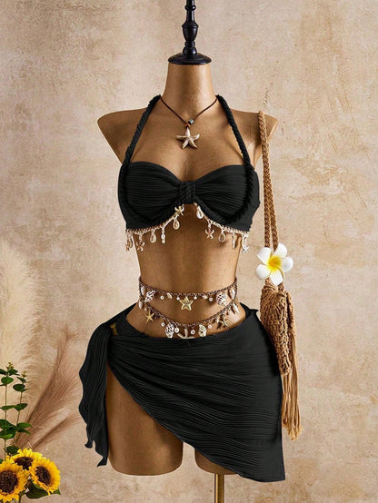 Bellisia Women's Fashionable Beige Wave Pattern Swimwear Set With Seashell & Star Decor, Suitable For Spring, Summer And Autumn