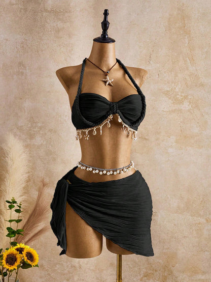 Bellisia Women's Fashionable Beige Wave Pattern Swimwear Set With Seashell & Star Decor, Suitable For Spring, Summer And Autumn