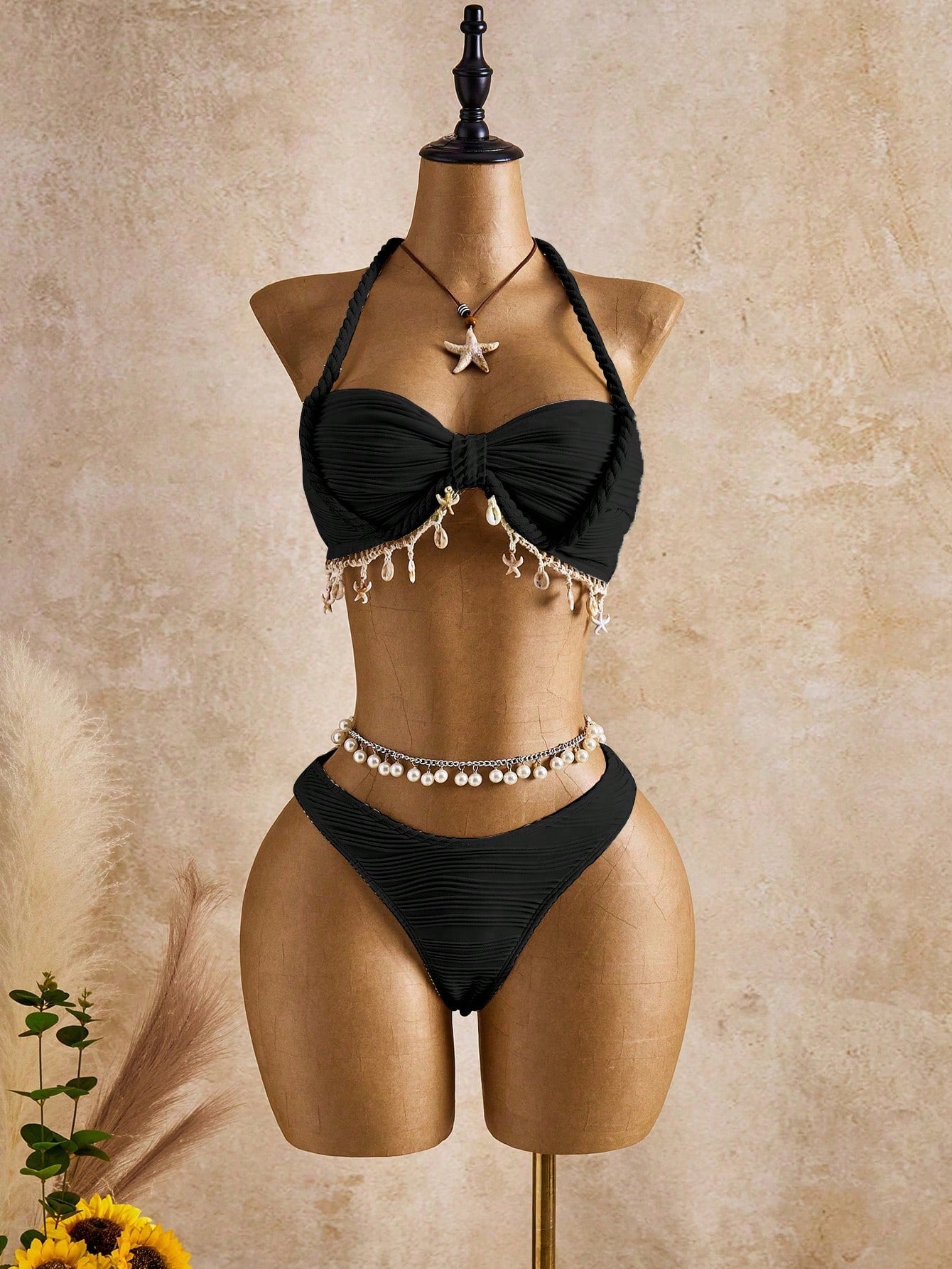 Bellisia Women's Fashionable Beige Wave Pattern Swimwear Set With Seashell & Star Decor, Suitable For Spring, Summer And Autumn