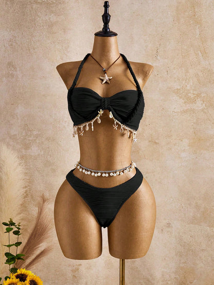 Bellisia Women's Fashionable Beige Wave Pattern Swimwear Set With Seashell & Star Decor, Suitable For Spring, Summer And Autumn