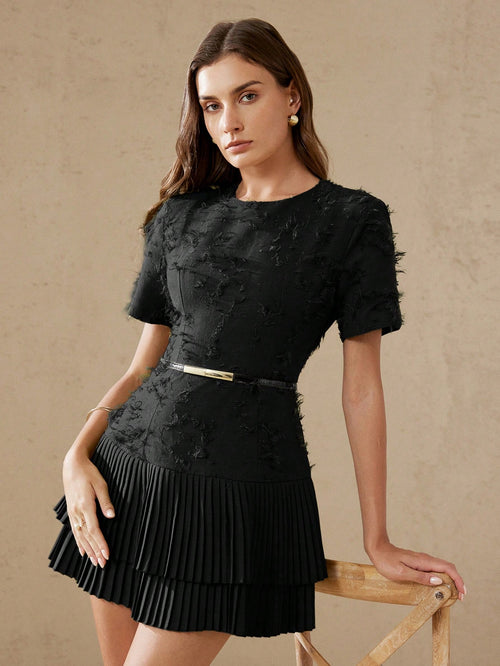 BELROSIE Olive Green Textured Fringe Fabric Round Neck Short Sleeve Waist Cinched Layered Ruffle Hem Elegant Versatile Women Dress