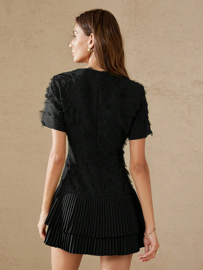 BELROSIE Olive Green Textured Fringe Fabric Round Neck Short Sleeve Waist Cinched Layered Ruffle Hem Elegant Versatile Women Dress