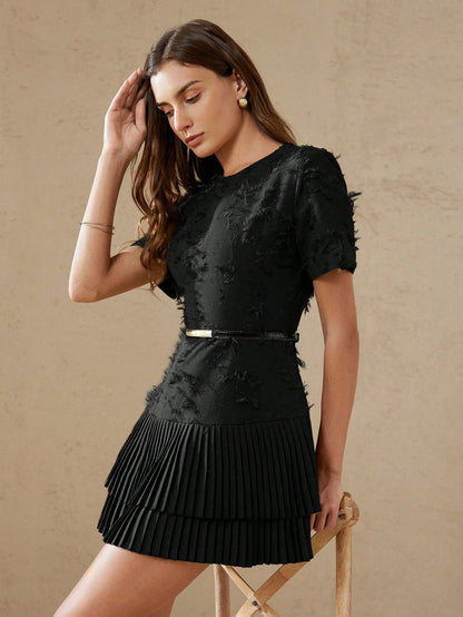 BELROSIE Olive Green Textured Fringe Fabric Round Neck Short Sleeve Waist Cinched Layered Ruffle Hem Elegant Versatile Women Dress