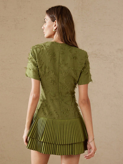 BELROSIE Olive Green Textured Fringe Fabric Round Neck Short Sleeve Waist Cinched Layered Ruffle Hem Elegant Versatile Women Dress