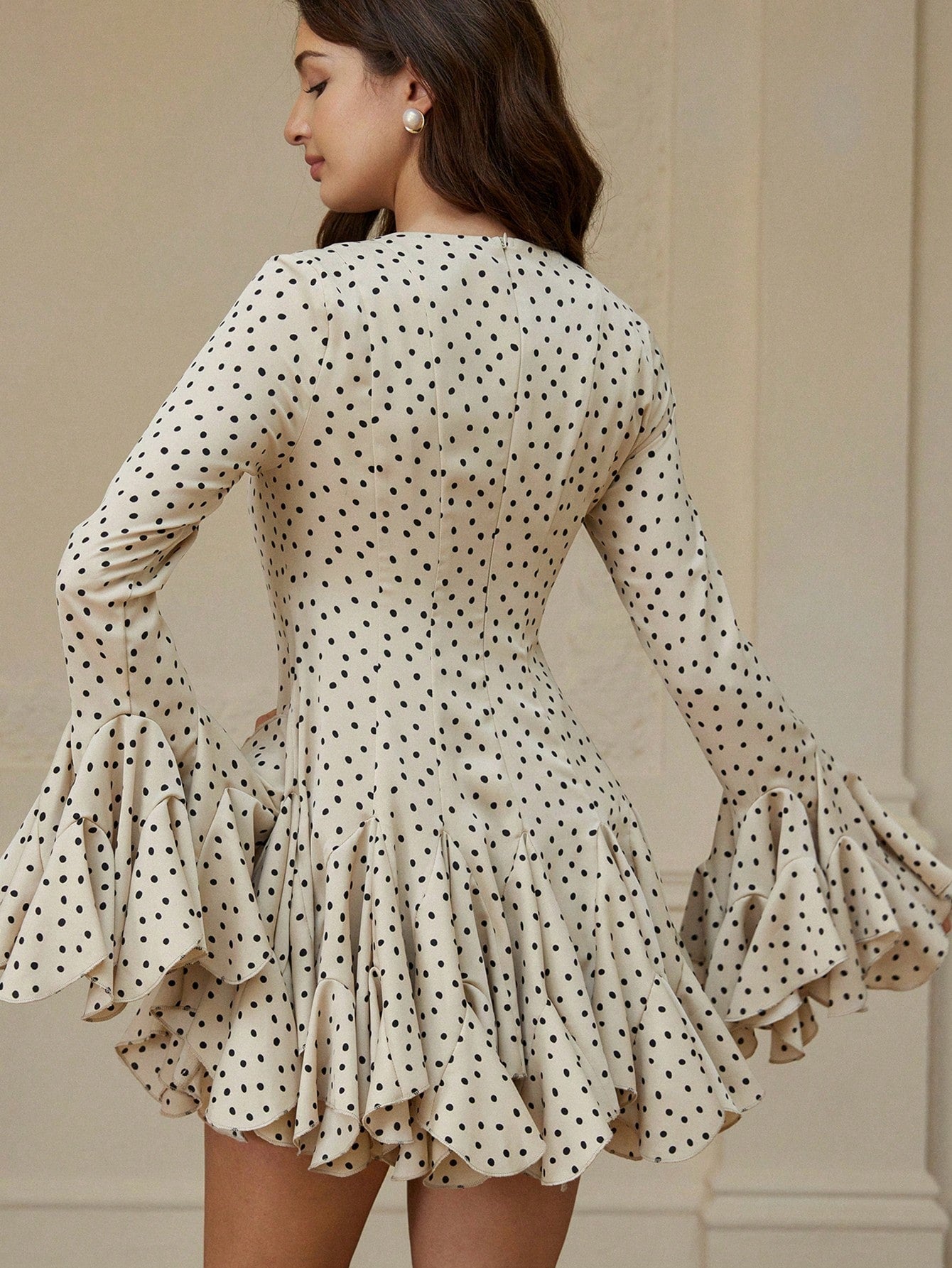 BELROSIE Summer Elegant Polka Dot Ruffle Dress,Beige Long Sleeve Flared Cuff Boho A-Line Mini Dress,Fall Winter Tea Party Vintage Round Neck Slim Gown