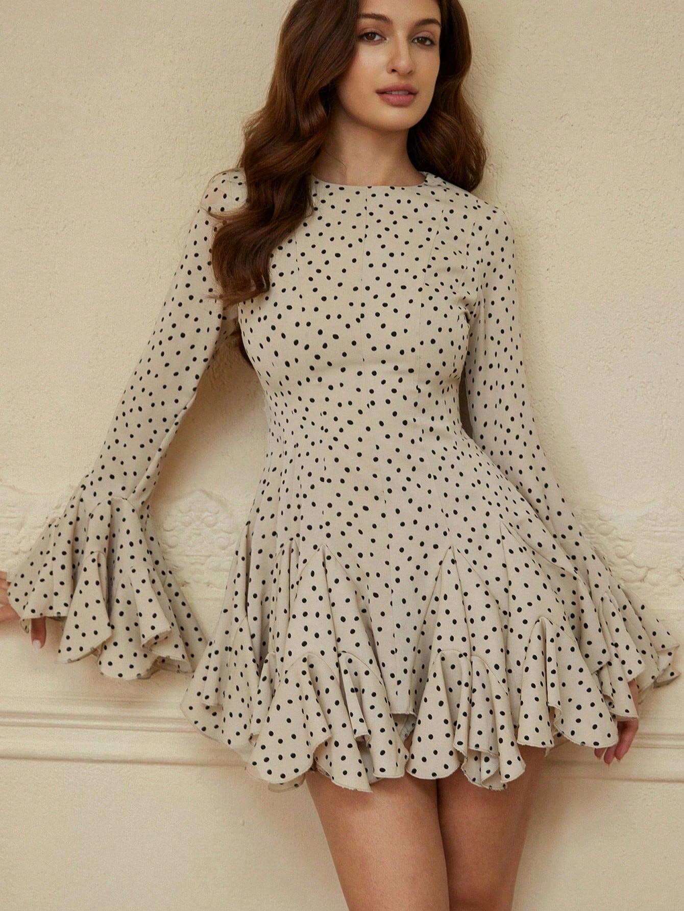 BELROSIE Summer Elegant Polka Dot Ruffle Dress,Beige Long Sleeve Flared Cuff Boho A-Line Mini Dress,Fall Winter Tea Party Vintage Round Neck Slim Gown