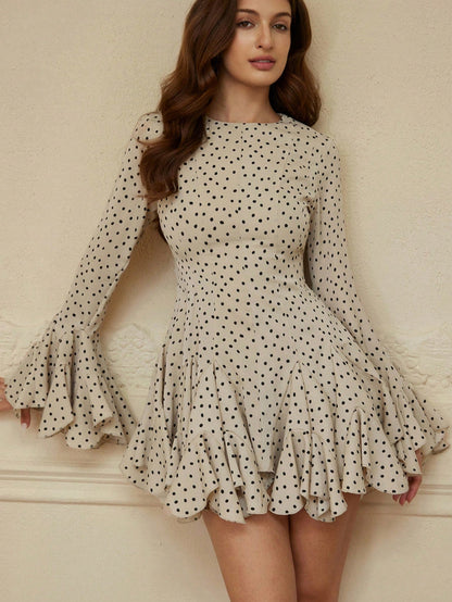 BELROSIE Summer Elegant Polka Dot Ruffle Dress,Beige Long Sleeve Flared Cuff Boho A-Line Mini Dress,Fall Winter Tea Party Vintage Round Neck Slim Gown