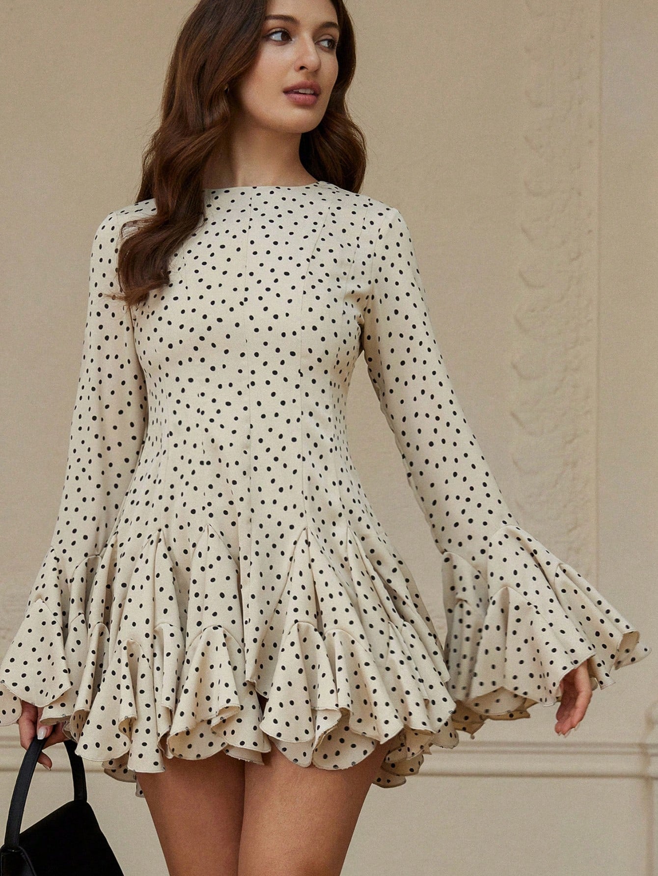 BELROSIE Summer Elegant Polka Dot Ruffle Dress,Beige Long Sleeve Flared Cuff Boho A-Line Mini Dress,Fall Winter Tea Party Vintage Round Neck Slim Gown