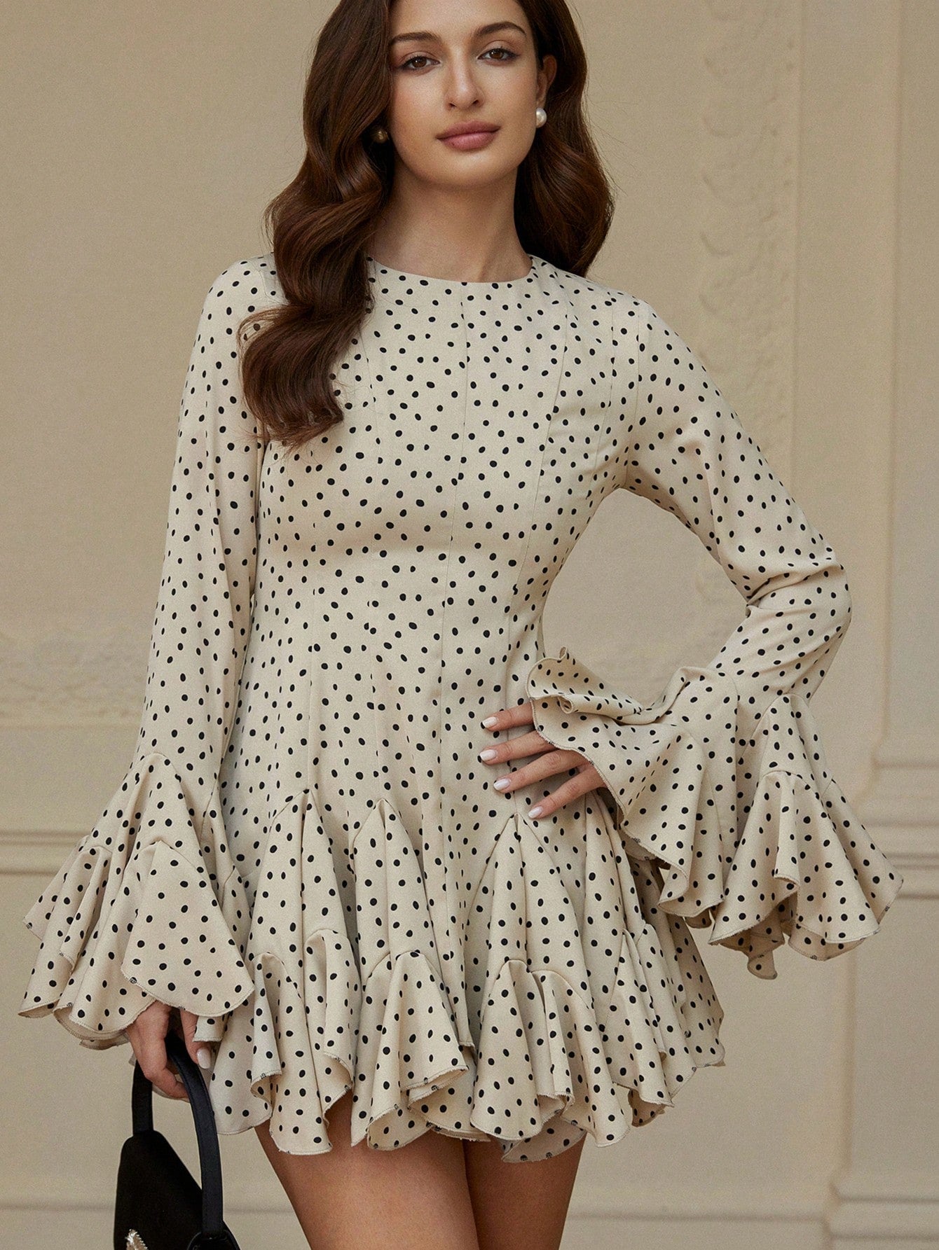 BELROSIE Summer Elegant Polka Dot Ruffle Dress,Beige Long Sleeve Flared Cuff Boho A-Line Mini Dress,Fall Winter Tea Party Vintage Round Neck Slim Gown