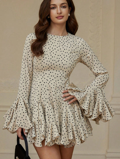 BELROSIE Summer Elegant Polka Dot Ruffle Dress,Beige Long Sleeve Flared Cuff Boho A-Line Mini Dress,Fall Winter Tea Party Vintage Round Neck Slim Gown