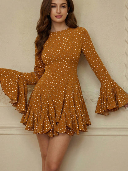 BELROSIE Summer Elegant Polka Dot Ruffle Dress,Beige Long Sleeve Flared Cuff Boho A-Line Mini Dress,Fall Winter Tea Party Vintage Round Neck Slim Gown