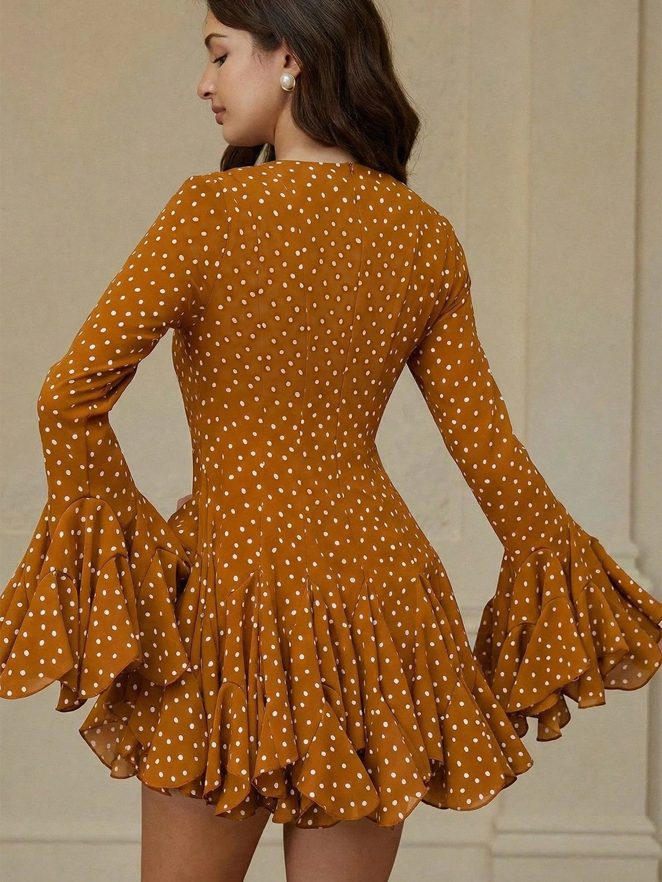BELROSIE Summer Elegant Polka Dot Ruffle Dress,Beige Long Sleeve Flared Cuff Boho A-Line Mini Dress,Fall Winter Tea Party Vintage Round Neck Slim Gown